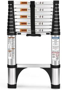 lot 191650 image: Soctone Telescoping Ladder, 10.5 FT Button Retraction Aluminum Extension Ladder with 2 Triangle Stabilizers, Multi-Purpose Ladder with Slow Down Design, 330lbs Max Capacity for House Daily Life