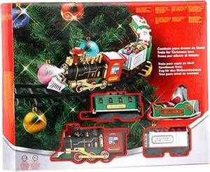 lot 191666 image: Christmas Train with Light and Sound, Hanging Christmas Train with Locomotive, Coal Wagon, Carriage, Sleigh and Tracks, Realistic for