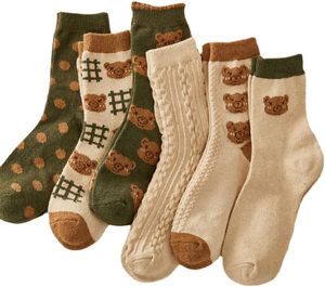 lot 191669 image: 6 Pair Cute Cotton Kawaii Bear Ankle Socks - Preppy Ruffle Japanese Thick Fall Vintage Crew Socks for Women