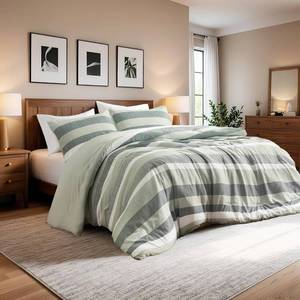 lot 291521 image: King Comforter Set, 3 Pieces Striped Bed Set, Soft Brushed Microfiber Reversible Bedding Set for All Season, Lightweight & Breathable Bedding Set with Comforter & Shams, Sage Green