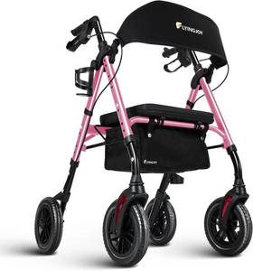 lot 251358 image: Retails for $150 Lightweight Rollator Walker with Seat & Backrest - Foldable Mobility Aid for Seniors, 8 Airless Tires, Adjustable Height, 300 lbs Capacity, 4 Wheel Rolling Walkers for Seniors Pink