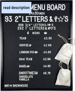lot 191664 image: Large All Black Felt Letter Board  24x30 Classy Black Frame with 953 White Letters, Emojis & Characters  Premium Changeable Sign Boards for Price List Message Letterboard