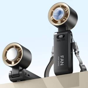 lot 40131 image: Handheld Portable Turbo Fan with Ice Cooler, Speed (1-199) 5500mAh Rechargeable Personal Fan,20H Cooling Time Mini Yet Powerful 20000 RPM Small Pocket Fans for TravelOutdoorOffice, Gold Black - Retail $40
