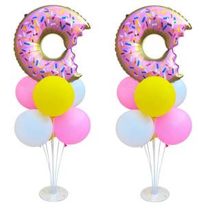 lot 40141 image: Donut Table Centerpiece Balloons Stand Kit 2 Sets with 2 Doughnut Foil Balloons and 14 Latex Pastel Balloons for Donut Time Decoration Birthday Party Wedding Baby Shower Party Decoration - Retail $16