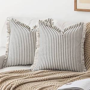 lot 40144 image: YEENAASY Throw Pillow Covers 24x24 Set of 2 Striped Fringe Pillow Cover Farmhouse Cushion Covers with Tassel Neutral Boho Pillows Decorative Square Pillowcase for Couch Sofa Bed, Black - Retail $34