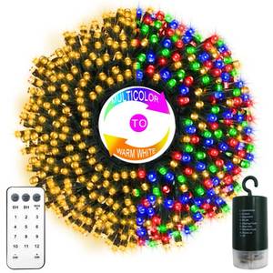 lot 51858 image: 65.6Ft 200LED Battery Operated Christmas String Lights, 12 Lighting Modes Warm White & Multicolor Fairy Lights with Remode Timer, Green Wire Twinkle Light for Wreath Indoor Outdoor Party Wedding - Retail $19