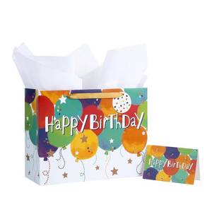lot 51860 image: Loveinside Colorful Birthday Gift Bag, Balloons Pattern with HAPPY BIRTHDAY Text, Matching Tissue Paper, Greeting Card and Tag, Ideal for Kids Birthday Gifts, 13 x 5 x 10, 1 Pcs - Retail $5