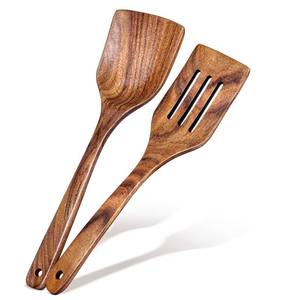 lot 51872 image: 2Pcs Wooden Spatula, Acacia Solid & Slotted Turner Spatula Set, Long Handle Flat Frying Spatulas, Ideal Kitchen Gift for Mother and Grandma, Kitchen Utensils Set for Cooking, Frying, Baking - Retail $9