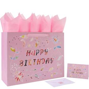 lot 51876 image: 16.5 Extra Large Happy Birthday Gift Bag Set with Handles, Greeting Card, Tissue Papers and Stickers for Women Girls, Pink Floral Design, 1 Pcs - Retail $7
