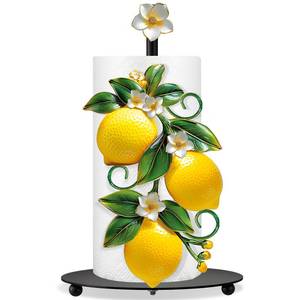 lot 51887 image: Thyle Lemon Paper Towel Holder with Round Base Lemon Bathroom Decor Rustic Housewarming Gifts Dispenser Kitchen Paper Holder Stand for Christmas Yellow Countertop Toilet Home Accessories - Retail $23