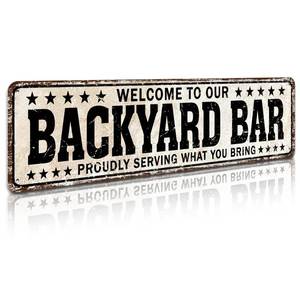 lot 51889 image: SOYAVE Funny Backyard Signs and Decor Outdoor Pool Decor, Outdoor Bar Signs Beer Sign, Welcome to Our Backyard Bar Sign 4 x 16 - Retail $12