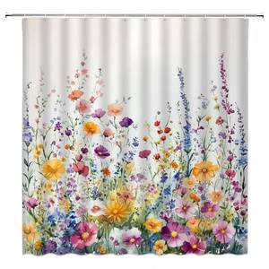 lot 51891 image: Watercolor Floral Shower Curtain Colorful Flower Botanical Rustic Spring Blossom Wildflower Plant Fabric Bathroom Decor Sets with Hooks - Retail $16