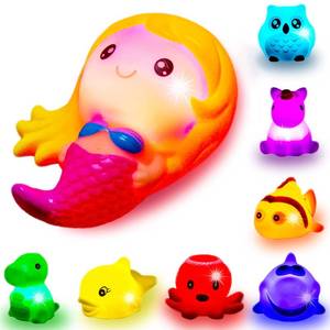 lot 51907 image: Bath Toys for Toddlers Baby 8 Pack Light Up Toys - Bathtub Toy Flashing Colourful LED Light Shower Bathtime for Kids Infants Shark, Clown Fish, Owl, Unicorn, Octopus, Dolphin, Dinosaur Mermaid - Retail $15