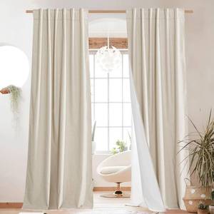 lot 59059 image: NICETOWN 100% Blackout Linen Curtains for Living Room with Thermal Insulated White Liner, 52 Wide, 2 Panels, 84 Long Drapes, Back Tab Retro Beige Linen Curtains Vertical Drapes Privacy for Bedroom - Retail $40