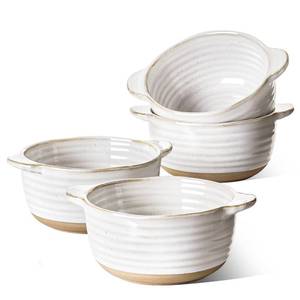 lot 63026 image: LE TAUCI Soup Bowls with Handles, 20 oz French Onion Soup Crocks, Soup Bowl Oven Safe for Chili, Beef Stew, Ceramic Bowl Set - 5.5 Inch, Set of 4, Arctic White - Retail $37