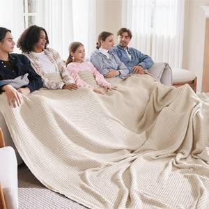 lot 63031 image: Bedsure Gentlesoft 100% Cotton Large Blanket Oversized King for Bed - Breathable Thick Waffle Weave Blanket for Summer, Couch Cover, Light Beige, 120x94 inches - Retail $85
