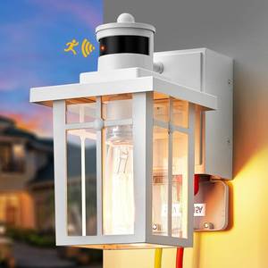 lot 63037 image: Myhaptim Porch Lights with GFCI Outlet,Dusk to Dawn Motion Sensor Outdoor Lights,3 Lighting Modes White Front Door Light Waterproof Exterior Light Fixture,Outside Lamp for House Patio Garage - Retail $59