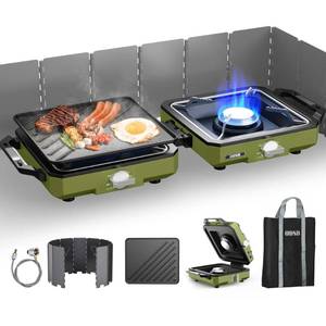 lot 63045 image: ODSD 2 Burner Camping Stove with Windshield, 20000 BTU Propane Camp Stove, Portable Folding Gas Stove, Camping Essentials Gear Includes Frying Pan, Coffee Stand & Carry Bag, Green - Retail $110