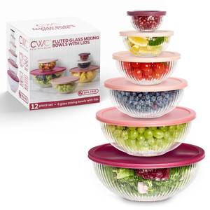 lot 63977 image: COOK WITH COLOR 12 Pc Glass Mixing Bowl Set with Lids Borosilicate Glass Nesting Bowls for Cooking, Baking and Meal Prep, Fluted Rose - Retail $40