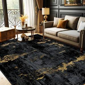 lot 63987 image: RELEANY Washable Area Rugs 7x9 Non-Slip Modern Abstract Soft for Living Room Entryway Bedroom Nursery, Print Pattern, Dark Black Gold - Retail $110
