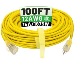 lot 63995 image: POWGRN 100 ft 123 Outdoor Extension Cord Waterproof Heavy Duty with Lighted Indicator End 12 Gauge 3 Prong, Flexible Cold-Resistant Long Power Cord Outside, 15Amp 1875W SJTW Yellow ETL Listed - Retail $68