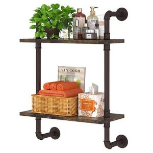 lot 63996 image: Helsin 2 Tier Industrial Pipe Floating Bathroom Shelves, 16inch Rustic Wood Wall Mounted Shelf, Storage Rack Sundries Holder for Kitchen Office Bathroom Organization & Home Decor - Retail $40