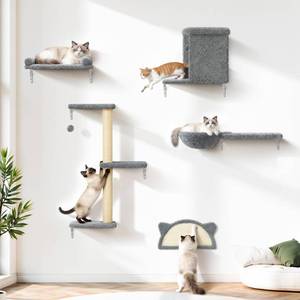 lot 63998 image: Cat Wall Shelves, Solid Wood & Velvet & Sisal Scratcher, 44lbs Max Load, Wall Mounted Cat Furniture for Climbers, Cat Climbing Wall System, Fits Drywall & Solid Walls - Light Gray 5 in 1 - Retail $69