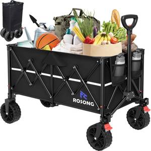 lot 64000 image: ROSONG Collapsible Wagon Cart with Wheels Foldable - Folding Utility Heavy Duty Wagons Carts for Grocery Sports Garden Shopping Camping Wheelbarrows (Black, 150L) - Retail $80