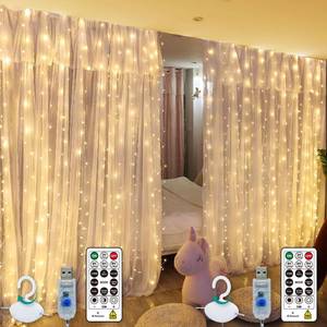 lot 25932 image: HXWEIYE 300LED Fairy Curtain Lights, 9.8x9.8Ft USB Plug-in 8 Modes Christmas String Hanging Lights with Remote for Bedroom Backdrop Wedding Indoor Wall Decor, Warm White, Standard �� 2 Pack - Retail $18