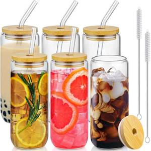 lot 25966 image: SENTVEND 20 Oz Drinking Glasses with Bamboo Lids and Glass Straw - 6 Pcs Glass Cups Beer Ice Coffee Glasses Cute Aesthetic Cup Great for Coffee Bar Accessories Include 2 Cleaning Brushes (Missing Rubber Seals for Straw Holes) - Retail $20
