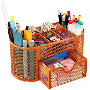 lot 25973 image: EasyPAG Mesh Pen Holder Desk Organizer with Drawer Stationery Supplies Organizer for Dorm School 9 Compartments Workspace Desk Accessories Organization for Office, Orange - Retail $15