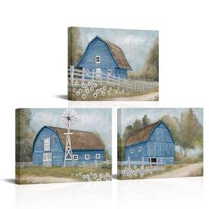 lot 25976 image: HOMEOART Farmhouse Wall Art Country Barn Painting Picture Farmhouse Wall Decor Framed Ready to Hang 12x16inch 3pk (Blue) - Retail $29