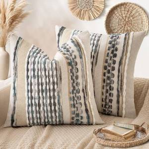 lot 25992 image: ANRODUO Pack of 2 Boho Decorative Throw Pillow Covers 26x26 Farmhouse Cushion Case Striped Chenille Pillow Cases Square Pillow Covers Accent Neutral Pillowcase for Sofa Couch Bed, Gray Blue Stripe