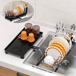 lot 26000 image: masadi Small Dish Drying Rack - Expandable Sink Dish Drying Rack Over Sinks with Drying Tray, Dish Drainer for Kitchen Counter with Adjustable Cutlery Holder, Space-Saving for Small Kitchens, Black - Retail $18