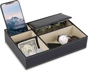 lot 26023 image: Baoyun Mens Valet Tray Organizer, Mens Jewelry Box, Nightstand Organizer for Men with 5 compartments, Faux Leather Key Tray for Entryway Table, Bedside Storage for Watch, Coin, Phone Gifts for Men - Retail $17