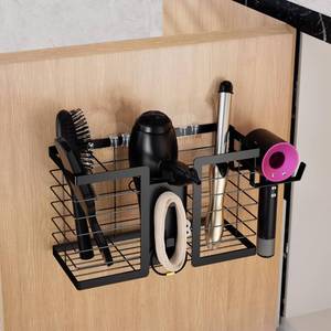 lot 26029 image: FUNKYLEE Hair Tool Organizer - Hair Dryer Holder, 3 in 1 Metal Bathroom Organizer Wall Mount for Flat Iron, Curling Iron, Straightener, Styling Tools Bathroom Storage and Organizer (Black) - Retail $16