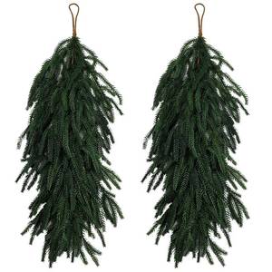 lot 26031 image: Tobilu 2 Pcs Christmas Swag - 27 Inch Teardrop Swag with Artificial Pine Needles Greenery Swags for Xmas Front Door Staircase Window Wall Mantel Decor - Dark Green - Retail $10