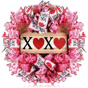 lot 26035 image: Daifunli Valentine Wreaths 16 Inch Valentines Day Wreath for Front Door Heart XOXO Pink Ribbon Mesh Decorations for Wall Window Porch Home Holiday Wedding Decor - Retail $22