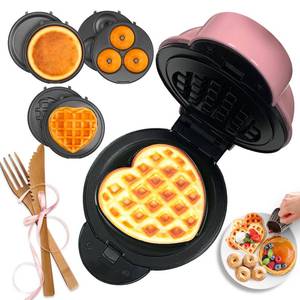 lot 26046 image: Mini Waffle Maker with 6 Removable Plates,Small Heart Waffle Maker Keto,3-in-1 Multi-plate set,Wafflera Iron for Kids Family&Individuals,4 Non Stick Cooking Plates with Fast & Even Heating(Pink) - Retail $30