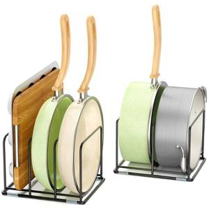 lot 26052 image: LAEMYFYRE Pan and Pot Organizer Rack, Cutting Board Organizer for Cookie Sheet,Frying Pan inside Cabinet,Baking Pan, Tray Organizer for Kitchen Storage - Total 5 Compartments(2 Pcs) - Retail $23