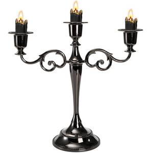lot 26053 image: YOUEON 3 Arm Black Candelabra, Candelabra Candle Holder, 10 Inch Tall Candlesticks Holder, Elegant Taper Candle Holder Centerpiece for Wedding, Church, Halloween, Dining, Home Decor - Retail $18