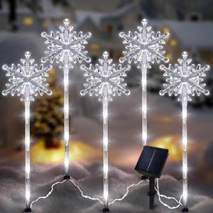 lot 26054 image: 5 Pcs Acrylic Solar Pathway Stakes Lights Outdoor Waterproof, 8 Modes Christmas Decorations Outdoor Yard, Solar Christmas Garden Decor Lights (Xmas Snowflake White) - Retail $20