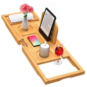 lot 26066 image: Premium Bamboo Bathtub Tray Caddy - Bath Tub Tray Table for Bathtub - Bath Caddy Tray for Bathtub, Expandable Size, Fits Most Bath Tubs - Retail $22