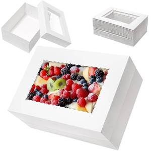 lot 26078 image: Mefleet 10pcs 14x10x6 Cake Boxes with Window Rectangle Quarter Sheet Bakery Boxes for Pastry Baking Cake, Cupcakes, Donuts, Cookies, Pie Treat Packaging White Large - Retail $20