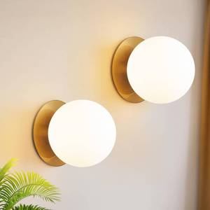 lot 26081 image: Meybiok 2 Pack Gold Wall Sconces Set of Two,Modern Bathroom Sconces with Milky Globe Glass, Sconces Wall Decor Set of 2 Wall Light for Bathroom Mirror Living Room Hallway (Bulbs not Included) - Retail $70