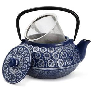 lot 26084 image: Juvale Japanese Cast Iron Teapot with Infuser & Stovetop Tea Kettle - 34 oz, Blue - Heat Retention, Removable Lid & Fold-Down Handle (Handle Needs Reattached) - Retail $33