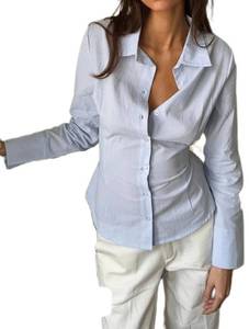 lot 30191 image: Women Y2k Button Down Shirt Vintage Long Sleeve Cute E-Girls V Neck Slim Fit Crop Top Fairy 90S Coquette Blouse (Gray Medium) - Retail $22