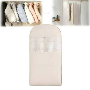 lot 30194 image: Space Saving Hanging Garment Bag with Self Compression Zipper, 2025 New Space Saver Clothes Storage Organizer, Dust Cover Clothes Bags for Down Coat Suit Dress or Jacket (Beige, L) - Retail $9