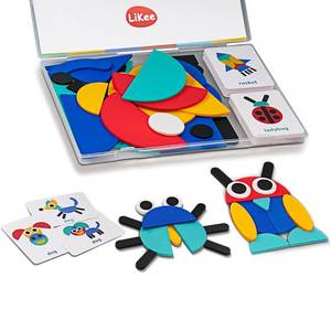 lot 30212 image: LiKee Open Ended Wooden Shape Puzzles (36 Blocks&60 Cards) for Toddlers 3 Years Old, Montessori Development Toys Preschool Education Activity Travel Toy Board Games for Kids 4-8 Yrs - Retail $13