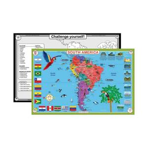 lot 30229 image: Tot Talk South America Educational Placemat for Kids Made in USA Double-Sided, Countries, Capitals, Country Flags, Waterways, Landmarks & Memory Quiz Waterproof Wipeable, 17.5 x 11.5 - Retail $10